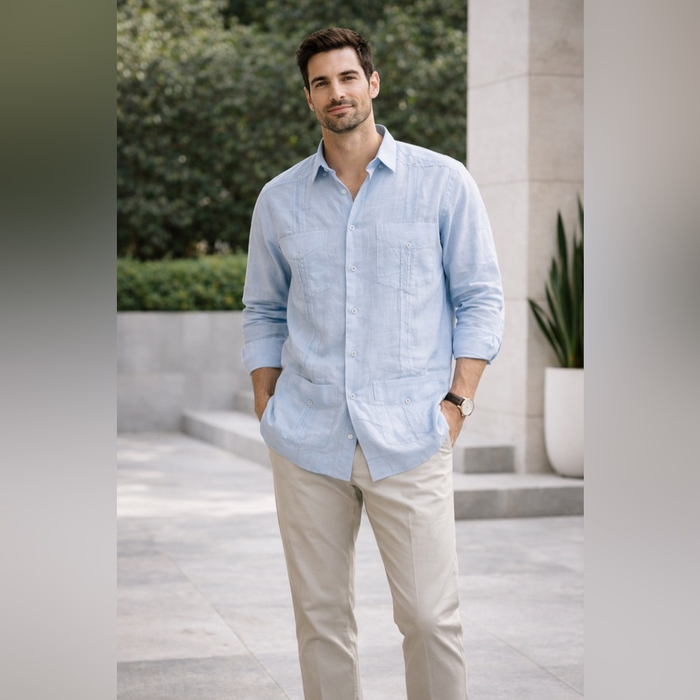 Light Blue Button-Up Shirt Cuban 100% linen shirt